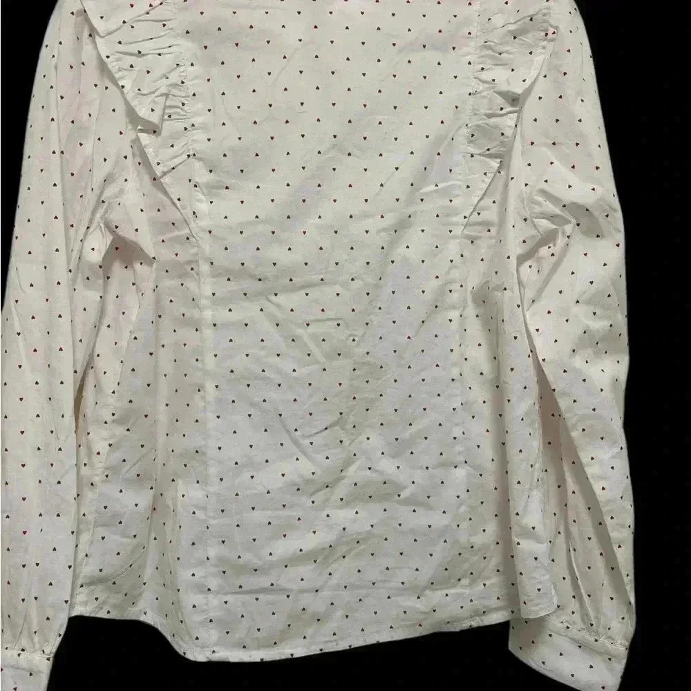 J.Crew White Blouse with Red Polka Hearts and Ruffles Size Small vintage, 90’s - Picture 2 of 3
